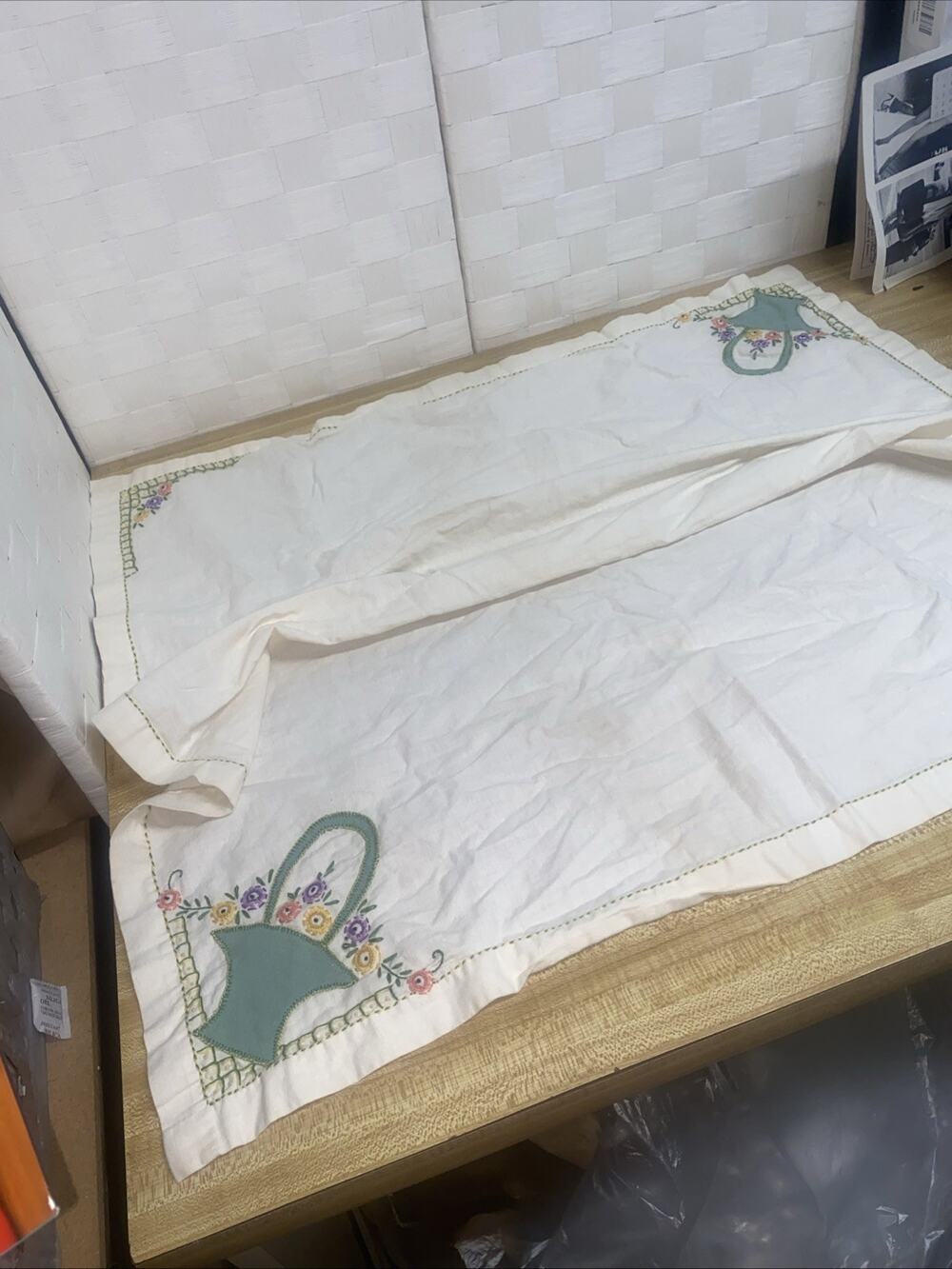 Vintage Hand Embroidered Cotton Linen Tablecloth European 32” Square